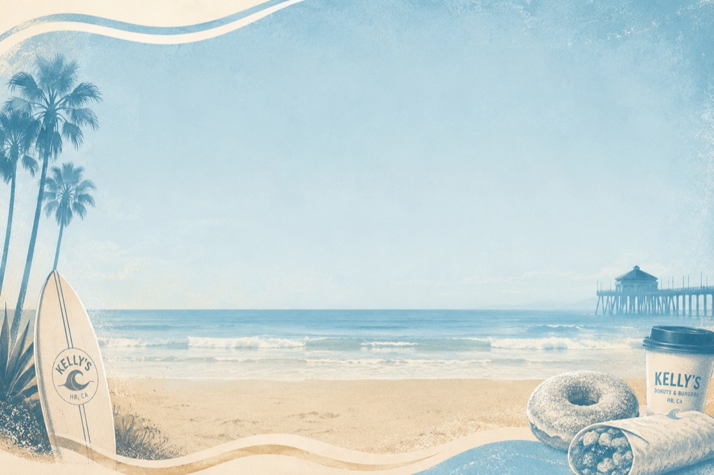 Painted Huntington Beach scene with the pier, palm trees, a Kelly's surfboard, a donut, and a coffee on the sand.